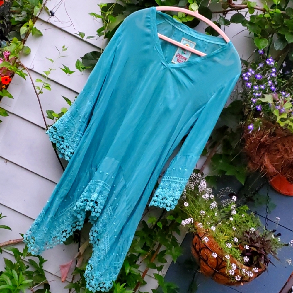 Johnny Was •  Tunic Beach Cover Up Aqua Green Embroidered Lace Sz M